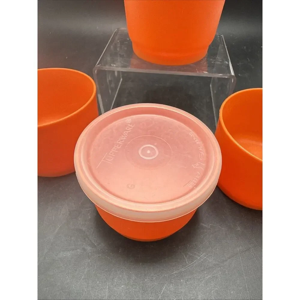 Set of 4 Vintage Tupperware Orange Snack Cups 1229-14 with 1 Lid